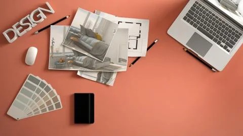 Architect designer concept, red work desk with computer, paper draft, bedroom Illustrazione stock