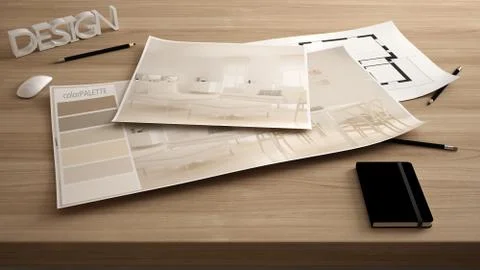 Architect designer concept, table close up with interior renovation draft, pl Stock Illustration