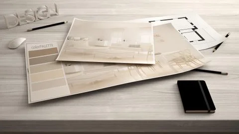 Architect designer concept, table close up with interior renovation draft, pl Stock Illustration