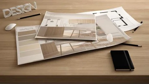 Architect designer concept, table close up with interior renovation draft, pl Illustrazione stock