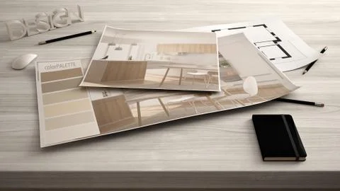 Architect designer concept, table close up with interior renovation draft, pl Stock Illustration