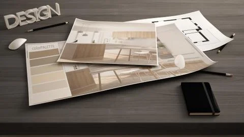 Architect designer concept, table close up with interior renovation draft, pl Stock Illustration