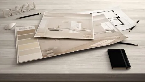 Architect designer concept, table close up with interior renovation draft, pl Stock Illustration