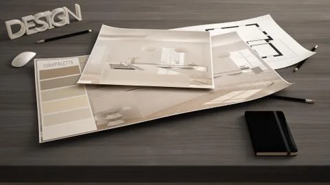 Architect designer concept, table close up with interior renovation draft, pl Stock Illustration