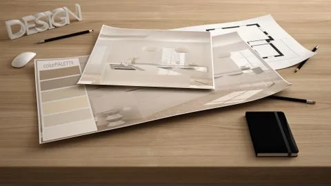 Architect designer concept, table close up with interior renovation draft, pl Illustrazione stock