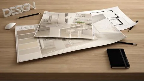 Architect designer concept, table close up with interior renovation draft, pl Stock Illustration