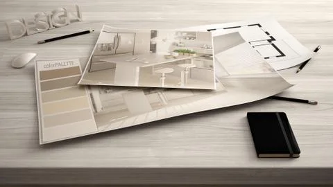 Architect designer concept, table close up with interior renovation draft, pl Stock Illustration