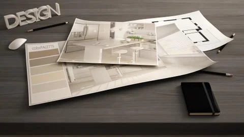 Architect designer concept, table close up with interior renovation draft, pl Stock Illustration