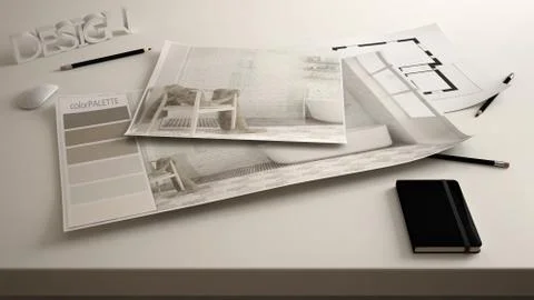 Architect designer concept, table close up with interior renovation draft, ba 스톡 일러스트