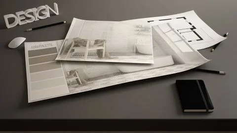 Architect designer concept, table close up with interior renovation draft, ba Illustrazione stock