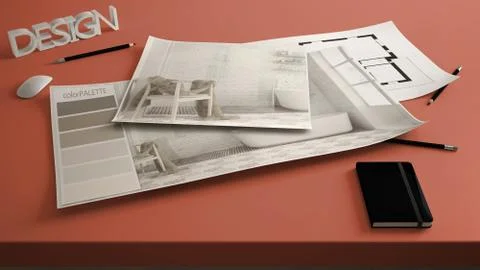 Architect designer concept, table close up with interior renovation draft, ba Stock Illustration