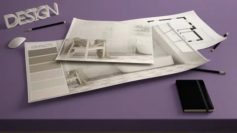 Architect designer concept, table close up with interior renovation draft, ba 스톡 일러스트