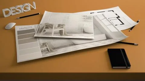 Architect designer concept, table close up with interior renovation draft, ba Illustrazione stock