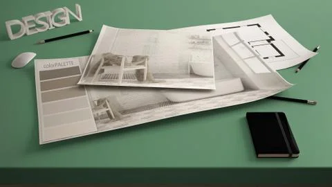 Architect designer concept, table close up with interior renovation draft, ba Stock Illustration