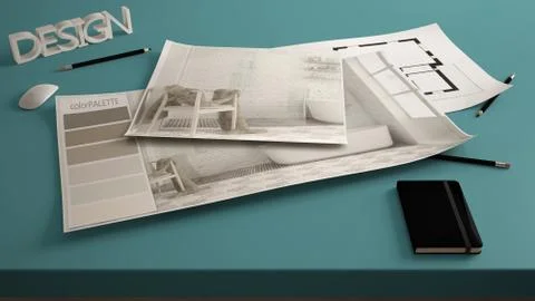 Architect designer concept, table close up with interior renovation draft, ba Stock Illustration