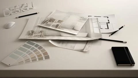 Architect designer concept, table close up with interior renovation draft, ba Stock Illustration
