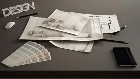 Architect designer concept, table close up with interior renovation draft, ba Stock Illustration