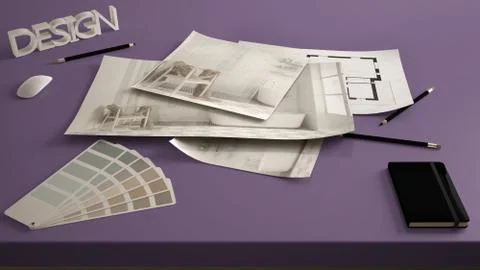Architect designer concept, table close up with interior renovation draft, ba Stock Illustration