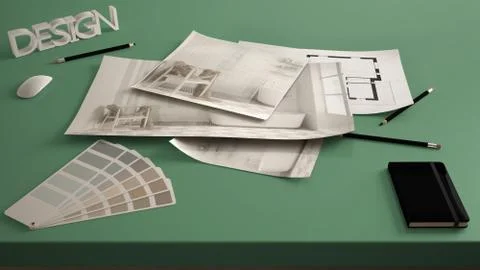Architect designer concept, table close up with interior renovation draft, ba Stock Illustration