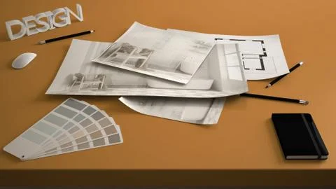Architect designer concept, table close up with interior renovation draft, ba Stock Illustration