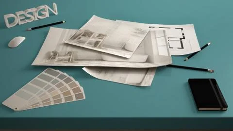 Architect designer concept, table close up with interior renovation draft, ba 스톡 일러스트