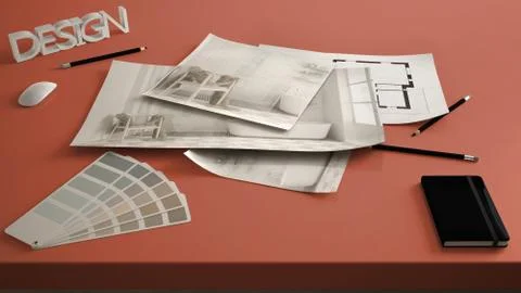 Architect designer concept, table close up with interior renovation draft, ba Illustrazione stock