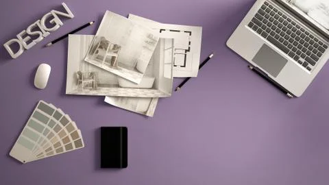 Architect designer concept, violet work desk with computer, paper draft, bedr Illustrazione stock