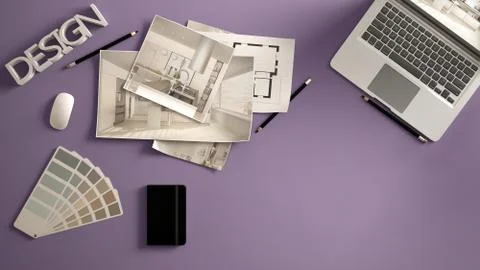 Architect designer concept, violet work desk with computer, paper draft, kitc Illustrazione stock