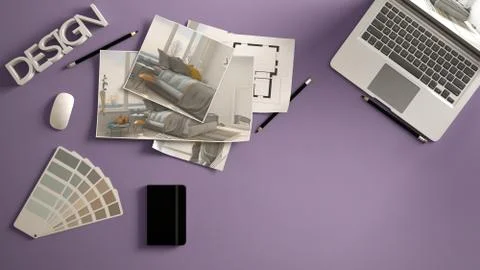 Architect designer concept, violet work desk with computer, paper draft, bedr Illustrazione stock