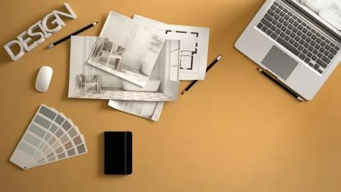 Architect designer concept, yellow work desk with computer, paper draft, bedr Illustrazione stock