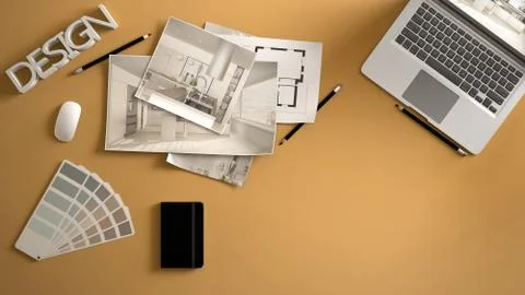 Architect designer concept, yellow work desk with computer, paper draft, kitc Stock Illustration