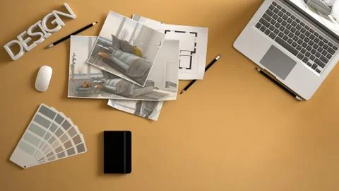 Architect designer concept, yellow work desk with computer, paper draft, bedr Illustrazione stock