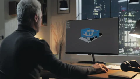 Architect designer at the desk designs house building at computer Stock Footage 303975519