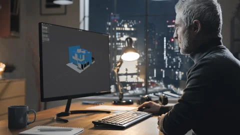Architect designer at the desk projects new house at computer Stock Footage 303975305