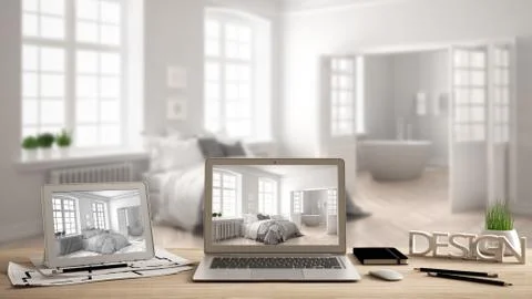 Architect designer desktop concept, laptop and tablet on wooden work desk wit Illustrazione stock