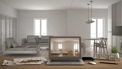 Architect designer desktop concept, laptop on wooden work desk with screen sh Stock Illustration