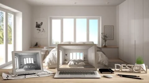 Architect designer desktop concept, laptop and tablet on wooden work desk wit Illustrazione stock