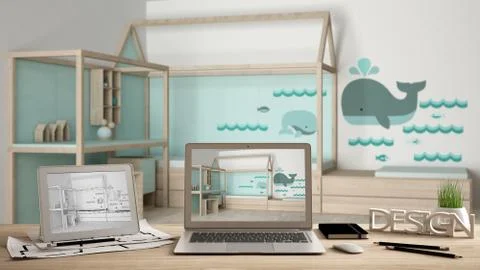 Architect designer desktop concept, laptop and tablet on wooden work desk wit Illustrazione stock