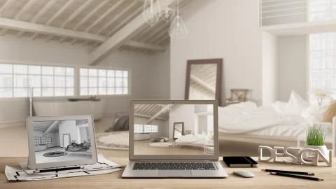 Architect designer desktop concept, laptop and tablet on wooden desk with scr Illustrazione stock