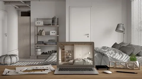 Architect designer desktop concept, laptop on wooden work desk with screen sh Stock Illustration