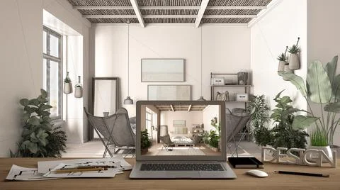 Architect designer desktop concept, laptop on wooden work desk with screen sh Illustrazione stock