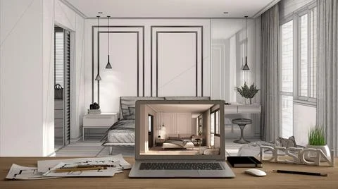 Architect designer desktop concept, laptop on wooden work desk with screen sh Stock Illustration