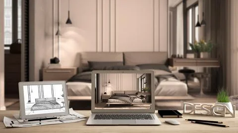 Architect designer desktop concept, laptop and tablet on wooden desk with scr Stock Illustration