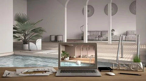 Architect designer desktop concept, laptop on wooden work desk with screen sh Stock Illustration