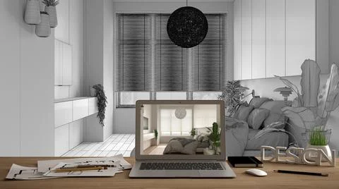 Architect designer desktop concept, laptop on wooden work desk with screen sh Illustrazione stock