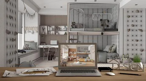 Architect designer desktop concept, laptop on wooden work desk with screen sh Stock Illustration