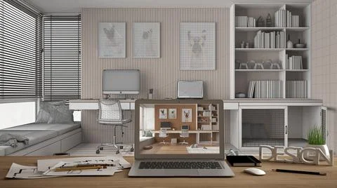 Architect designer desktop concept, laptop on wooden work desk with screen sh Stock Illustration