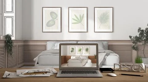 Architect designer desktop concept, laptop on wooden work desk with screen sh Stock Illustration