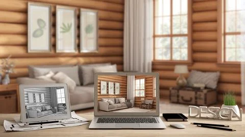 Architect designer desktop concept, laptop and tablet on wooden desk with scr Illustrazione stock