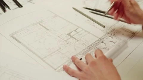 Architect designer drawing close-up. Professional engineer working, interior Stock Footage 190043201